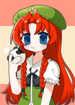 1girl animal-themed_food aoiuna blue_eyes bow bowtie braid collared_shirt commentary_request eating food frilled_sleeves frills hair_bow hat highres holding holding_food hong_meiling licking_lips long_hair looking_at_viewer parted_bangs red_hair shirt short_sleeves side_braids solo steamed_bun tongue tongue_out touhou upper_body