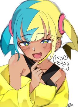 1girl :d aqua_hair bandeau black_hair black_mask blonde_hair blush canari_(pokemon) collarbone commentary_request dark-skinned_female dark_skin highres jacket looking_at_viewer mask mask_pull mouth_mask multicolored_hair ninkou_tan nintendo open_mouth pokemon pokemon_legends:_z-a pulling_own_clothes simple_background smile solo twintails two-tone_mask upper_body white_background yellow_bandeau yellow_jacket