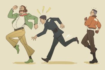 3boys belly belt black_coat black_hair blazer bomber_jacket brown_gloves brown_hair buzz_cut clenched_hand coat commentary disco_elysium english_commentary facial_hair from_side full_body gloves green_jacket hair_slicked_back harry_du_bois highres jacket jean_vicquemare kim_kitsuragi male_focus mullet multiple_boys mutton_chops necktie nurve26 orange_jacket red_necktie running shirt shirt_tucked_in short_hair standing standing_on_one_leg very_short_hair white_shirt