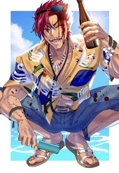 Rule 34 | 1boy, alcohol, beer, bevel, blood, blood on face, border, bottle, closed eyes, commentary request, denim, denim shorts, eyewear on head, facing viewer, fate/grand order, fate (series), food, hawaiian shirt, highres, holding, holding bottle, holding food, holding popsicle, jewelry, male focus, mori nagayoshi (exhibition attire) (fate), mori nagayoshi (fate), necklace, open mouth, popsicle, red hair, sandals, sharp teeth, shirt, shorts, solo, spread legs, squatting, teeth, white border