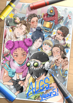 3boys 6+girls \m/ alter_(apex_legends) apex_legends arm_tattoo beard black_hair blonde_hair blue_eyes bob_cut braid breath brown_eyes brown_hair closed_eyes colored_tips commentary_request conduit_(apex_legends) curtained_hair dark-skinned_female dark_skin double_bun eyeshadow facial_hair fake_photograph fingerless_gloves gloves goggles goggles_on_head group_picture hair_bun hand_on_own_chin hand_on_own_face headset highres horizon_(apex_legends) lichtenberg_figure lifeline_(apex_legends) loba_(apex_legends) makeup mask medical_gloves miki_migiri mirage_(apex_legends) multicolored_hair multiple_boys multiple_girls octane_(apex_legends) one_eye_closed parted_bangs pathfinder_(apex_legends) pen pink_hair rampart_(apex_legends) robot salute scar scar_on_face scarf single_hair_bun sleeveless snow snowing sparrow_(apex_legends) swept_bangs tattoo thumbs_up twin_braids two-finger_salute v valkyrie_(apex_legends) wattson_(apex_legends) wraith_(apex_legends)