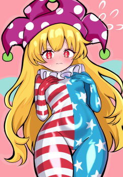 1girl blonde_hair bodysuit clownpiece covered_navel embarrassed groin highres kukurukurukuru long_hair looking_at_another print_bodysuit red_eyes skin_tight solo star_(symbol) star_print striped_bodysuit touhou