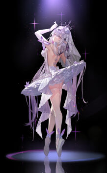 1girl absurdres alternate_costume arm_up ass backless_dress backless_outfit ballerina ballet ballet_slippers black_background black_tiara breasts bright_pupils bug butterfly castorice_(honkai:_star_rail) dancer dress dress_flower elbow_gloves flower full_body garter_straps gloves grey_hair hair_flower hair_ornament highres honkai:_star_rail honkai_(series) insect long_hair looking_at_viewer multicolored_hair parted_lips pointy_ears purple_butterfly purple_eyes purple_hair reflection simple_background solo thighhighs tiara upskirt veil very_long_hair white_dress white_flower white_garter_straps white_gloves white_pupils white_thighhighs white_veil yolanda