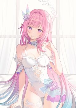 Rule 34 | 1girl, absurdres, adapted costume, bare shoulders, blue hair, breasts, cleavage, closed mouth, collarbone, commentary, cowboy shot, curtains, cyrene (demiurge) (honkai: star rail), cyrene (honkai: star rail), diamond-shaped pupils, diamond (shape), fingernails, flower, gluteal fold, gradient hair, groin, hair flower, hair intakes, hair ornament, hand up, highleg, highleg leotard, highres, honkai: star rail, honkai (series), leotard, long hair, looking at viewer, medium breasts, multicolored hair, pink hair, pointy ears, purple eyes, purple flower, purple rose, rose, sidelocks, smile, solo, symbol-shaped pupils, thighs, umireki, untranslatable commentary, white leotard, window