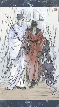 2boys absurdres black_boots black_eyes black_hair black_hat boots branch chinese_clothes chinese_commentary chumo-qulingxiao closed_mouth coin coin_mask covered_mouth creature curtains dao_gui_yi_xian eyeball faux_traditional_media flower full_body gourd hair_bun hair_ribbon half_updo hanfu hat highres holding holding_branch holed_coin indoors ink_wash_painting jin_(headwear) li_huowang li_sui_(tentacles) long_hair looking_at_another male_focus mask mouth_veil multiple_boys red_hanfu red_ribbon ribbon robe scar scar_on_chest seal_impression single_hair_bun smile standing tentacles updo vase veil white_hanfu window yaoi zhongguo_hua zhouzi_jin_(headwear) zhuge_yuan