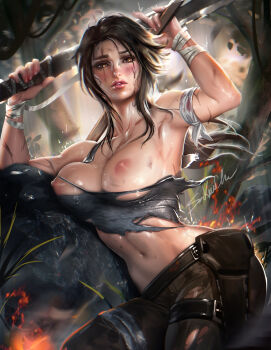 1girl armpits bandaged_arm bandages bare_shoulders blush breasts breasts_out brown_eyes brown_hair camisole cowboy_shot dirty female_focus fire highres lara_croft large_breasts lips long_hair looking_at_viewer midriff navel nipple_slip nipples outdoors parted_lips sakimichan shirt solo sweat tape thigh_strap tomb_raider tomb_raider_(reboot) topfreedom torn_clothes torn_shirt tree water weapon wet