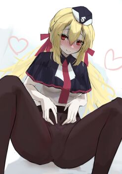 1girl absurdres areola_slip arihara_nanami blonde_hair blush braid breasts hair_between_eyes hands_on_own_stomach hat he_yue highres knees_up legs_apart long_hair medium_breasts navel no_bra on_floor pantyhose pubic_tattoo red_eyes ribbon riddle_joker side_braid sidelocks simple_background smile solo tattoo underboob white_background