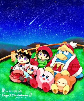 3girls adeleine anniversary beret black_hair blue_skin bow coat colored_skin crown fence grass hair_bow hat highres king_dedede kirby kirby_(series) kirby_64 multiple_girls night night_sky nintendo on_grass orange_skin pink_hair pink_skin red_bow red_coat red_hat ribbon_(kirby) ripple_star_queen sammy_kucm sky sleeves_past_fingers sleeves_past_wrists waddle_dee watermark wooden_fence