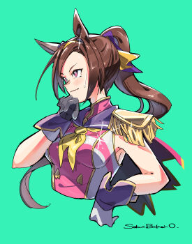 1girl absurdres animal_ears blue_sailor_collar blush breasts brown_hair closed_mouth dress ear_ornament epaulettes flower_in_eye gloves gold_hairband hair_ornament hairband highres horse_ears horse_girl long_hair medium_breasts neckerchief ohayonabeno pink_dress ponytail purple_eyes sailor_collar sakura_bakushin_o_(blossom_in_learning)_(umamusume) sakura_bakushin_o_(umamusume) simple_background smile solo sweatdrop symbol_in_eye umamusume upper_body white_dress white_gloves yellow_neckerchief