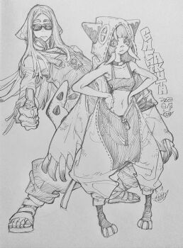 Rule 34 | 1boy, 1girl, august stilza, breasts, collar, english text, full body, gachiakuta, guita (gachiakuta), highres, japanese text, monochrome, official art, sketch, small breasts, sunglasses, traditional media, urana kei