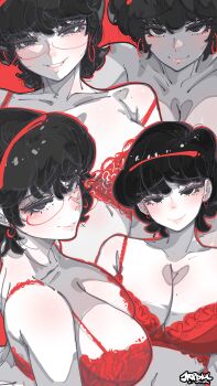 1girl absurdres artist_name black_eyes black_hair bra breasts cleavage closed_mouth commentary earrings english_commentary glasses hairband highres jewelry jrpencil large_breasts looking_at_viewer mole mole_on_breast multiple_views original parted_lips raised_inner_eyebrows red_background red_bra red_hairband short_hair simple_background smile underwear underwear_only
