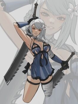1girl asymmetrical_bangs bandaged_arm bandaged_leg bandaged_neck bandaged_shoulder bandages blue_negligee braid braided_hair_rings breasts commentary cropped_legs dual_wielding emily_botta english_commentary flower grey_hair hair_flower hair_ornament hair_rings highres holding holding_sword holding_weapon kaine_(nier) large_breasts lingerie looking_at_viewer negligee nier nier_(series) panties parted_lips solo sword underwear v-shaped_eyebrows weapon white_flower white_panties zoom_layer