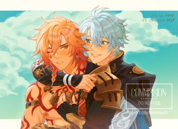 Rule 34 | 2boys, antenna hair, arm around shoulder, arm tattoo, armlet, armor, black choker, black coat, black gloves, black shirt, blonde hair, blue eyes, blue sky, blush, braid, chest tattoo, choker, coat, commentary, commission, dadadabibadum, earrings, facial tattoo, fingerless gloves, gauntlets, gloves, gold earrings, gold necklace, gradient hair, hand on another's chest, highres, honkai: star rail, honkai (series), jewelry, looking at viewer, male focus, medium hair, multicolored hair, multiple boys, mydei (honkai: star rail), neck tattoo, necklace, one eye closed, open clothes, open coat, parted bangs, pauldrons, phainon (honkai: star rail), red hair, red tattoo, shirt, short hair, shoulder armor, side braid, single glove, single pauldron, sky, sun symbol, sun tattoo, tan, tattoo, watermark, white coat, white hair, yaoi, yellow eyes