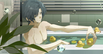 1boy asaba_harumasa bare_arms bare_shoulders bathing bathtub bingzhen_h2o black_hair bubble collarbone commentary_request curtains highres in_water indoors looking_at_viewer male_focus parted_bangs parted_lips pectorals plant rubber_duck short_hair sitting solo upper_body wet wet_hair window yellow_eyes zenless_zone_zero