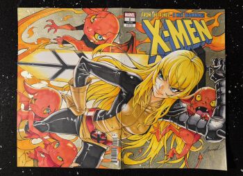 1girl 5others asymmetrical_gloves barcode belt black_bodysuit black_gloves blonde_hair blue_eyes bodysuit boots colored_skin copyright_logo copyright_name cover_sketch demon gloves godtail hand_on_own_hip hashtag-only_commentary highres holding holding_behind_back holding_sword holding_sword_behind_back holding_weapon holding_weapon_behind_back huge_weapon logo long_hair looking_to_the_side magik_(x-men) marvel mismatched_gloves multicolored_bodysuit multiple_others official_alternate_costume red_skin smile solo_focus superhero_costume sword traditional_media weapon x-men x-uniform yellow_bodysuit yellow_boots yellow_gloves