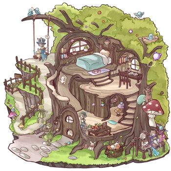 Rule 34 | 1boy, 5girls, animal, bear, bed, bird, black shoes, blanket, blue hat, book, carrot, chair, chigu, commentary request, door, eating, fence, flower, food, grass, hat, highres, multiple girls, mushroom, nest, open book, original, pantyhose, pillow, rabbit, shelf, shoes, sitting, slide, stairs, striped clothes, striped pantyhose, table, treehouse, window