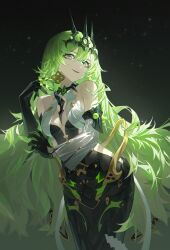 Rule 34 | 1girl, backless outfit, black bridal gauntlets, black dress, black pantyhose, breasts, bridal gauntlets, claws, collar, crown, crown hair ornament, dress, earrings, green hair, grey eyes, highres, honkai (series), honkai impact 3rd, jewelry, lettereast, light particles, long hair, looking at viewer, medium breasts, metal, mobius (honkai impact), naughty face, night, night sky, open clothes, pantyhose, simple background, sky, slit pupils, smile, snake girl, solo, spiked collar, spikes, star (symbol), starry background, very long hair, white dress