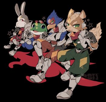 Rule 34 | 4boys, animal ears, beak, bird boy, black background, black gloves, blue eyes, boots, commentary request, crossed arms, double v, everyone, falco lombardi, fox boy, fox ears, fox mccloud, fox tail, frog, furry, furry male, gloves, green eyes, hat, headphones, highres, jacket, jumpsuit, looking at viewer, male focus, multiple boys, nintendo, open mouth, pants, pentagram, peppy hare, rabbit boy, rabbit ears, red eyes, red scarf, rushin, scar, scarf, simple background, sitting, slippy toad, smile, star (symbol), star fox, tail, v, wolf boy