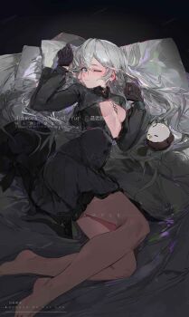 1girl absurdres bird black_choker black_dress black_gloves black_hat black_shrug breasts brown_pantyhose character_request chicken choker closed_mouth collared_shrug commission copyright_request dress gloves grey_eyes hair_between_eyes hair_spread_out hands_up hat highres legs light_blush long_hair looking_at_viewer lying medium_breasts no_shoes on_bed on_side one_eye_closed pantyhose pillow qingfeng_canying sample_watermark shrug_(clothing) unbuttoned_dress unworn_hat unworn_headwear watermark white_hair