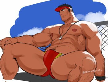 1boy abs bara beard bulge cropped_legs day facial_hair fence full_beard highres large_pectorals lifeguard looking_ahead male_focus male_swimwear mature_male muscular muscular_legs muscular_male mustache_stubble nipples original pectorals red_male_swimwear sakuramarusan short_hair sideburns solo sparse_arm_hair sparse_leg_hair sparse_navel_hair spread_legs strongman_waist stubble swim_briefs thick_eyebrows thighs topless_male unfinished whistle whistle_around_neck