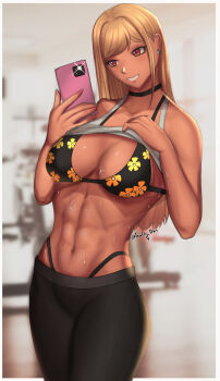 1girl abs absurdres bikini blonde_hair blurry blurry_background breasts cleavage clothes_lift dark_skin earrings exercise_machine floral_print fluffydus glint highres holding holding_phone jewelry kitagawa_marin long_hair medium_breasts muscular muscular_female pants phone red_eyes shirt_lift smile sono_bisque_doll_wa_koi_wo_suru sweat swimsuit