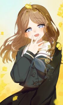 1girl absurdres autumn_leaves bang_dream! bang_dream!_it&#039;s_mygo!!!!! black_shirt black_skirt blue_eyes blush brown_hair commentary eltir falling_leaves ginkgo_leaf hand_up highres leaf long_hair long_sleeves looking_at_viewer nagasaki_soyo open_mouth sailor_collar school_uniform shirt skirt smile solo symbol-only_commentary tsukinomori_school_uniform white_sailor_collar