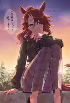 Rule 34 | 1girl, animal ears, belt, blue eyes, blush, brown hair, casual, commentary request, green shirt, grey pants, hair between eyes, highres, horse ears, horse girl, horse tail, long hair, long sleeves, looking at viewer, mejiro palmer (casual) (umamusume), mejiro palmer (umamusume), multicolored hair, open mouth, pants, plaid clothes, plaid pants, ponytail, shirt, sitting, sky, solo, speech bubble, streaked hair, tail, umamusume, white belt, white hair, y kuroki