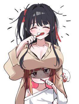 2girls ^_^ absurdres akane_lize black_bra black_hair bra bra_peek breast_rest breasts breasts_on_head brown_shirt brushing_teeth choppy_bangs cleavage closed_eyes commentary_request grin haedungi_(shirayuki_hina) hand_up highres holding holding_toothbrush huge_breasts jitome korean_commentary long_hair long_sleeves multicolored_hair multiple_girls off-shoulder_shirt off_shoulder pajamas red_hair shirayuki_hina shirt simple_background single_bare_shoulder single_off_shoulder smile stellive streaked_hair toothbrush toothbrush_in_mouth unamused underwear virtual_youtuber white_background white_shirt yeomhwauranyum