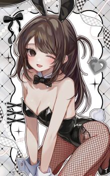 1girl ;d absurdres akishino_yuzuki animal_ear_hairband animal_ears arm_support artist_request bare_shoulders black_bow black_bowtie black_leotard blush bow bowtie breasts brown_eyes brown_hair cleavage collarbone covered_navel detached_collar fake_animal_ears fake_tail fishnet_pantyhose fishnets hairband highleg highleg_leotard highres indie_virtual_youtuber leaning_forward leotard long_hair looking_at_viewer medium_breasts on_floor one_eye_closed open_mouth pantyhose playboy_bunny playboy_bunny_vest rabbit_ear_hairband rabbit_ears rabbit_tail shiny_leotard side-tie_leotard smile solo squatting strapless strapless_leotard tail virtual_youtuber white_wrist_cuffs wrist_cuffs