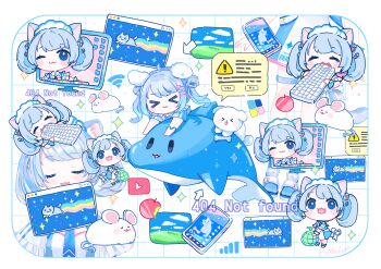 &gt;_&lt; 1girl :3 :d ;3 ahoge animal_ear_fluff animal_ears bliss_(image) blue_dress blue_eyes blue_hair bow cat_ears cat_tail cellphone chibi closed_eyes computer_keyboard deformed dog dolphin dot_nose dress fang frilled_sleeves frills hair_ornament hair_rings hairclip heart heart_hair_ornament holding_computer_keyboard icon_(computing) light_blue_hair mac_os maid_headdress microsoft_windows mouse_(animal) multiple_views nyan_cat nyanyanyanyanyanyanya!_(vocaloid) one_eye_closed open_mouth original phone pom_pom_(clothes) pom_pom_hair_ornament raised_eyebrows short_sleeves sidelocks signature smartphone smile sparkle speech_bubble tail tail_bow tail_ornament thigh_strap through_medium through_screen twintails two-tone_dress u_u white_background white_bow white_dress window_(computing) windows_xp wrist_cuffs xd youtube yutukicom