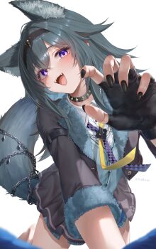 Rule 34 | 1girl, :d, absurdres, all fours, animal ear fluff, animal ears, black jacket, black nails, black skirt, blue gloves, blue hair, cardigan vest, chain, claw pose, collared shirt, dress shirt, fangs, fingerless gloves, fur-trimmed jacket, fur-trimmed sleeves, fur trim, gao garuru (vtuber), gloves, hair between eyes, highres, jacket, long hair, looking at viewer, mugi maccha, nail polish, necktie, open mouth, pleated skirt, purple eyes, purple necktie, shirt, simple background, skirt, smile, solo, stella lab, tail, virtual youtuber, white background, white shirt, wolf ears, wolf girl, wolf tail