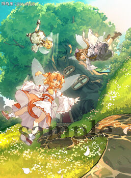 3girls ascot black_boots black_bow black_bowtie blonde_hair blue_dress blue_eyes blue_sky boots bow bowtie brown_hair chinese_commentary cloud cloudy_sky collar commentary_request door dress fairy fairy_wings falling_petals flower flying foliage frilled_collar frilled_dress frills furahata_gen grass highres light_rays long_hair luna_child medium_hair multiple_girls orange_hair outdoors path petals red_collar red_eyes red_sash red_shoes red_skirt road sample_watermark sash shoes skirt sky socks star_(symbol) star_print star_sapphire sunbeam sunlight sunny_milk touhou tree treehouse watermark white_collar white_dress white_flower white_shoes white_socks window wings yellow_ascot