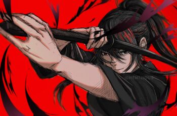 Rule 34 | 1boy, artist request, black eyes, black robe, character request, check character, high ponytail, highres, holding, holding staff, long sidelocks, looking at viewer, male focus, outstretched arm, ponytail, robe, shadow slave, sidelocks, smirk, solo, staff, sunny (shadow slave), upper body