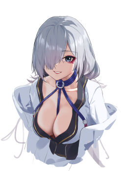 1girl absurdres blue_eyes breasts cleavage eyeshadow hair_over_one_eye highres japanese_clothes kimono large_breasts looking_at_viewer makeup ninja_gaiden ninja_gaiden_4 platinumgames red_eyeshadow seori_(ninja_gaiden) simple_background solo team_ninja teeth tuomali upper_body white_background white_hair white_kimono