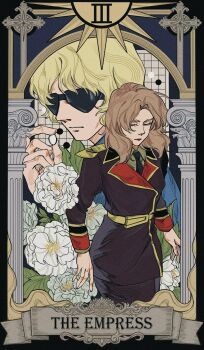 1boy 1girl black_necktie blonde_hair board_game brown_hair brown_jacket card_(medium) char&#039;s_counterattack char_aznable closed_eyes closed_mouth collared_shirt commentary_request flower flower_request go_(board_game) green_shirt gundam highres holding_go_stone jacket long_sleeves mikazuki121410 military_uniform nanai_miguel necktie pillar shirt sunglasses tarot tarot_(medium) white_flower