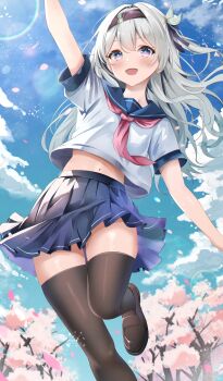 1girl aizawa_(aizawatsu) arm_up black_hairband blue_sailor_collar blue_skirt blue_sky blush bow cherry_blossoms firefly_(honkai:_star_rail) grey_hair hair_bow hair_ornament hairband highres honkai:_star_rail honkai_(series) long_hair looking_at_viewer midriff navel open_mouth outdoors purple_eyes sailor_collar school_uniform shirt short_sleeves skirt sky smile solo white_shirt
