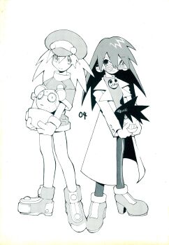 2girls absurdres beanie boots coke-bottle_glasses cover cover_page dowman_sayman full_body glasses greyscale hat highres jacket lab_coat long_hair looking_at_viewer mega_man_(series) mega_man_legends_(series) monochrome multiple_girls pantyhose roll_caskett_(mega_man) scan shorts smile tron_bonne_(mega_man)