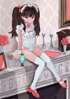 1girl analog_clock apron arms_at_sides blue_eyes book brown_hair candle candlestand clock closed_mouth detached_collar elisia_valfelto female_focus fireplace flower foot_dangle full_body hair_intakes highres indoors knees_together_feet_apart light_frown long_hair looking_at_viewer luicent maid maid_apron maid_headdress mantel_clock mary_janes neck_ribbon one-piece_swimsuit original picture_frame pink_flower pink_rose red_shoes ribbon rose school_swimsuit shoes sitting solo swimsuit thighhighs twintails vase wallpaper_(object) white_apron white_one-piece_swimsuit white_thighhighs wrist_cuffs