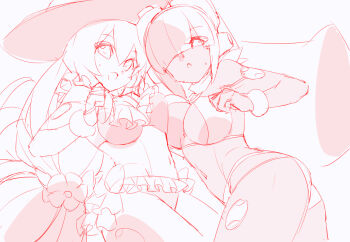 2girls bare_shoulders bikini breasts dark-skinned_female dark_skin hair_over_eyes iris_(mega_man) kaidou_zx large_breasts layer_(mega_man) long_hair mega_man_(series) mega_man_x_(series) mega_man_x_dive multiple_girls official_alternate_costume robot_girl simple_background sketch swimsuit white_background