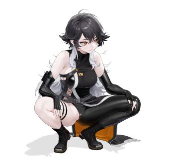 Rule 34 | 1girl, absurdres, antenna hair, bare shoulders, belt, black bodysuit, black boots, black hair, bodysuit, boots, breasts, clitoris slip, closed mouth, elbow gloves, fingerless gloves, gloves, goddess of victory: nikke, hair between eyes, highres, k (nikke), long hair, multicolored hair, ohisashiburi, orange eyes, partially visible vulva, pussy, pussy peek, simple background, single leg bodysuit, sleeveless, sleeveless bodysuit, solo, spiked hair, spread legs, squatting, thigh strap, two-tone hair, very long hair, wardrobe malfunction, white background, white hair