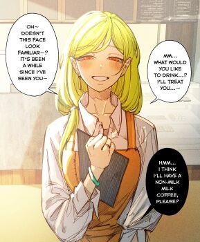 1girl apron blonde_hair blush collared_shirt commentary english_commentary english_text grin highres holding long_sleeves looking_at_viewer orange_apron original red_eyes senukin shirt smile solo speech_bubble upper_body white_shirt