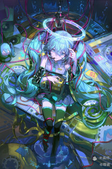 1girl absurdres aqua_trim bare_shoulders black_skirt black_sleeves black_thighhighs blue_eyes blue_hair blue_necktie breasts cable cassette_tape crossed_bangs detached_sleeves from_above hair_between_eyes halo hatsune_miku headset highres hugging_object long_hair long_sleeves looking_at_viewer looking_up microphone necktie open_mouth radio shirt sitting skirt sleeveless sleeveless_shirt solo thighhighs transparent_halo twintails very_long_hair vocaloid xiaci