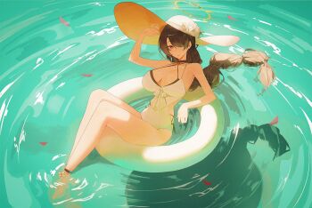 1girl afloat ankle_strap bikini black_bikini black_hair blue_archive blush braid braided_ponytail breasts casual_one-piece_swimsuit cleavage clothing_cutout criss-cross_halter double_bikini flower hair_over_one_eye halo halterneck hat hat_flower hinata_(blue_archive) hinata_(swimsuit)_(blue_archive) large_breasts layered_swimsuit long_hair looking_at_viewer official_alternate_costume on_innertube one-piece_swimsuit red_eyes side_cutout sla2h_help solo straw_hat sun_hat swim_ring swimsuit water white_one-piece_swimsuit yellow_halo yellow_hat