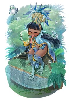 1girl absurdres alcohol arm_between_legs beer beer_mug black_hair blue_cape blunt_bangs blush bracelet bubble cape chamaji closed_eyes cup dark-skinned_female dark_skin dominions drunk dutch_angle eyelashes feather_hair_ornament feathers frog_girl frog_tongue from_above full_body gold_bracelet gold_trim hair_ornament headdress highres jewelry jungle light_blush long_eyelashes long_hair looking_at_viewer ma_xibalba monster_girl mug native_american native_american_clothes native_american_headdress nature nose_blush on_tree_stump pond second-party_source sitting solo thighs tongue tongue_out tree_stump very_long_hair webbed_feet webbed_hands