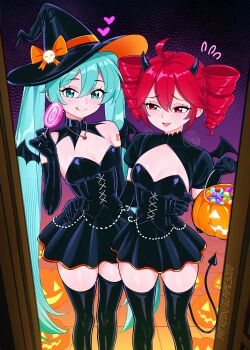 2girls absurdres black_dress black_gloves blue_eyes blue_hair breasts clothing_cutout demon_girl demon_horns demon_tail doorway dress elbow_gloves elpipe_3000 gloves halloween_costume hat hatsune_miku highres horns kasane_teto long_hair medium_breasts multiple_girls night open_mouth red_eyes red_hair small_breasts smile tail tongue tongue_out utau very_long_hair vocaloid witch witch_hat