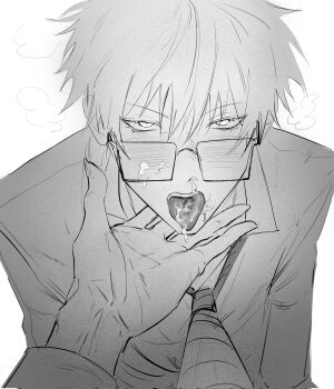 2boys 9enesiass blush clothes_grab cum cum_in_mouth cum_on_eyewear cum_on_tongue from_above getou_suguru gojou_satoru greyscale hand_on_another&#039;s_chin hashtag-only_commentary highres jujutsu_kaisen looking_at_viewer male_focus monochrome multiple_boys necktie necktie_grab neckwear_grab open_mouth pov puff_of_air short_hair simple_background tongue tongue_out white_background yaoi