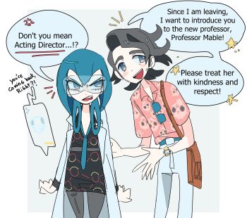 1boy 1girl absurdres anger_vein angry bag black_dress black_hair blue_hair blue_necktie blush_stickers border coat collared_shirt cozy_august dress english_text eyelashes gen_2_pokemon gen_4_pokemon grey_background grey_pantyhose hair_rings handbag highres igglybuff lab_coat lipstick long_hair long_sleeves mable_(pokemon) makeup necktie nintendo open_clothes open_coat open_mouth pants pantyhose pink_lips pink_shirt pokemon pokemon_legends:_z-a pokemon_x_and_y professor_sycamore rotom rotom_phone safety_glasses shirt short_hair short_sleeves speech_bubble star_(symbol) sunglasses unworn_eyewear white_background white_border white_pants