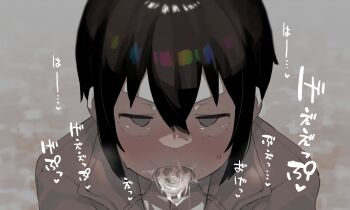 1girl absurdres after_fellatio black_hair blue_eyes cum cum_in_mouth hans.b heart hetero highres jacket jitome kino_(kino_no_tabi) kino_no_tabi looking_at_viewer looking_up pubic_hair_on_face reverse_trap solo sweat tongue tongue_out