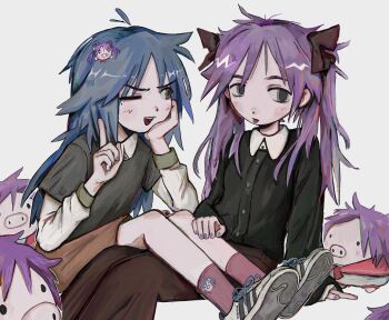 2girls absurdres arm_support black_ribbon black_shirt blush brown_pants fffkorobka hair_ornament hand_on_another&#039;s_leg highres hiiragi_kagami izumi_konata long_hair looking_at_another lucky_star multiple_girls one_eye_closed pants pink_socks purple_hair purple_nails ribbon shirt shoes sitting sneakers socks tongue tongue_out twintails white_background white_shirt
