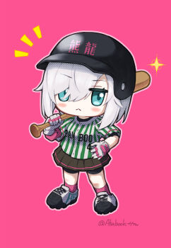 Rule 34 | 1girl, ars almal, baseball, baseball bat, baseball helmet, baseball jersey, baseball uniform, bike shorts, black skirt, blue eyes, blush, breasts, chibi, closed mouth, gloves, hat, helmet, highres, holding, holding baseball bat, jersey, looking at viewer, nijisanji, nijisanji koshien, shirt, shoes, short hair, short sleeves, simple background, skirt, solo, sportswear, striped clothes, striped shirt, tatami kami, vertical-striped clothes, vertical-striped shirt, virtual youtuber, white gloves, white hair